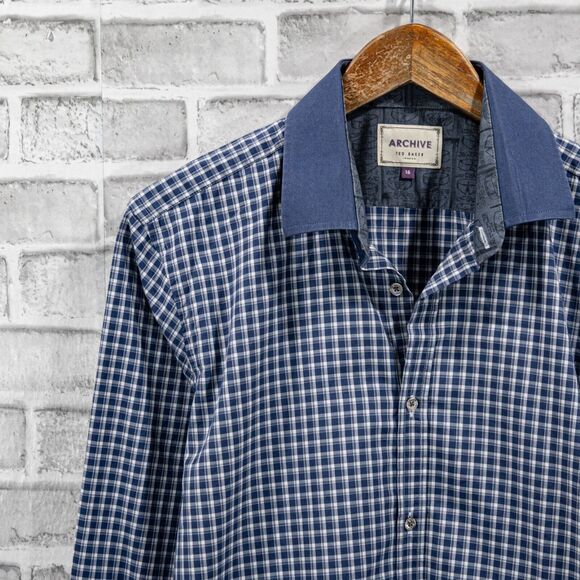 TED BAKER Archive Men's Button up Shirt in blue check Size 16 - Picture 5 of 5